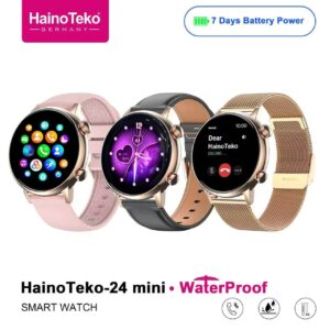 HainoTeko-24 Mini WaterProof Akıllı Saat – AMOLED Ekran, Bluetooth Arama, 3 Kordonlu, 7 Gün Pil