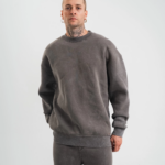 Erkek 3 İplik Pamuklu Yağ Yıkamalı Sweatshirt Double Oversize Bisiklet Yaka Uzun - Füme