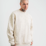 Erkek 3 İplik Pamuklu Yağ Yıkamalı Sweatshirt Double Oversize Bisiklet Yaka Uzun Kol - Krem