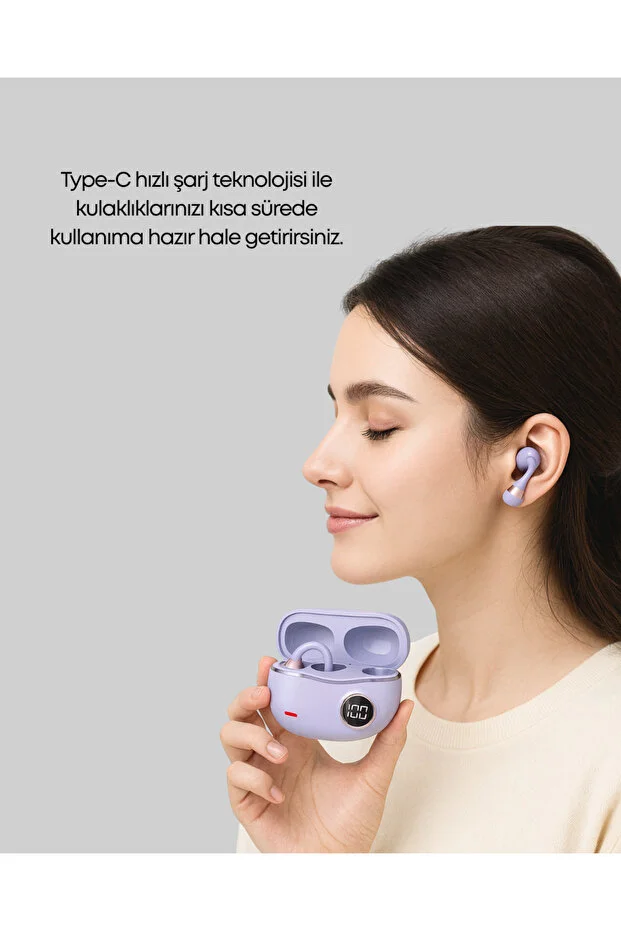 YXG10 TWS Kablosuz Kulaklık Mor Bluetooth 5.4 Açık Kulak Spor Kulaklığı Dokunmatik Type-C Şarjlı (Kopya) - Görsel 3