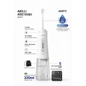 Auhma AMF11 Şarjlı Ağız Duşu 320ml – 4 Modlu, Type-C Şarjlı, 5 Başlıklı Diş Temizleme Cihazı