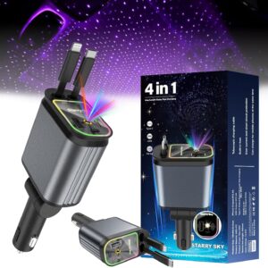 Yıldızlı Gökyüzü Ortam Işıklı 120W Araç Şarj Aleti – Geri Çekilebilir Kablolu, PD & QC3.0 Hızlı Şarj, 4-in-1 Çoklu Araç Adaptörü, OTP Korumalı