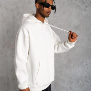 Erkek 3 İplik Pamuklu Kapüşonlu Cepli Düz Oversize Hoodie Sweatshirt - Beyaz