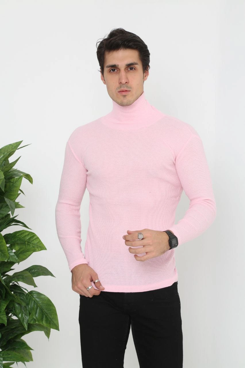 Erkek Fitilli Kaşkorse Kumaş Boğazlı Full Likralı Slimfit Body - Toz Pembe - Görsel 2