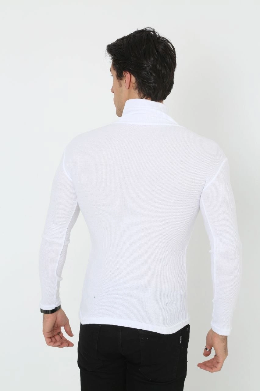 Erkek Fitilli Kaşkorse Kumaş Boğazlı Full Likralı Slimfit Body - Beyaz - Görsel 4