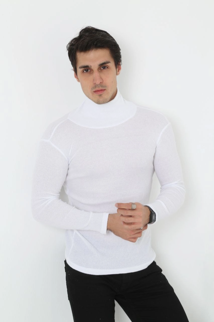 Erkek Fitilli Kaşkorse Kumaş Boğazlı Full Likralı Slimfit Body - Beyaz - Görsel 2