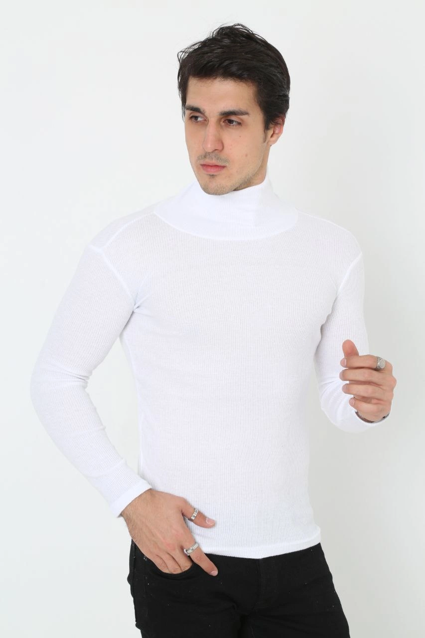 Erkek Fitilli Kaşkorse Kumaş Boğazlı Full Likralı Slimfit Body - Beyaz - Görsel 3