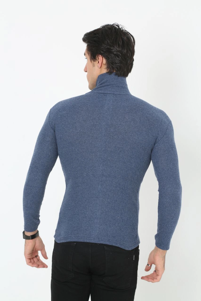 Erkek Fitilli Kaşkorse Kumaş Boğazlı Full Likralı Slimfit Body - İndigo - Görsel 2