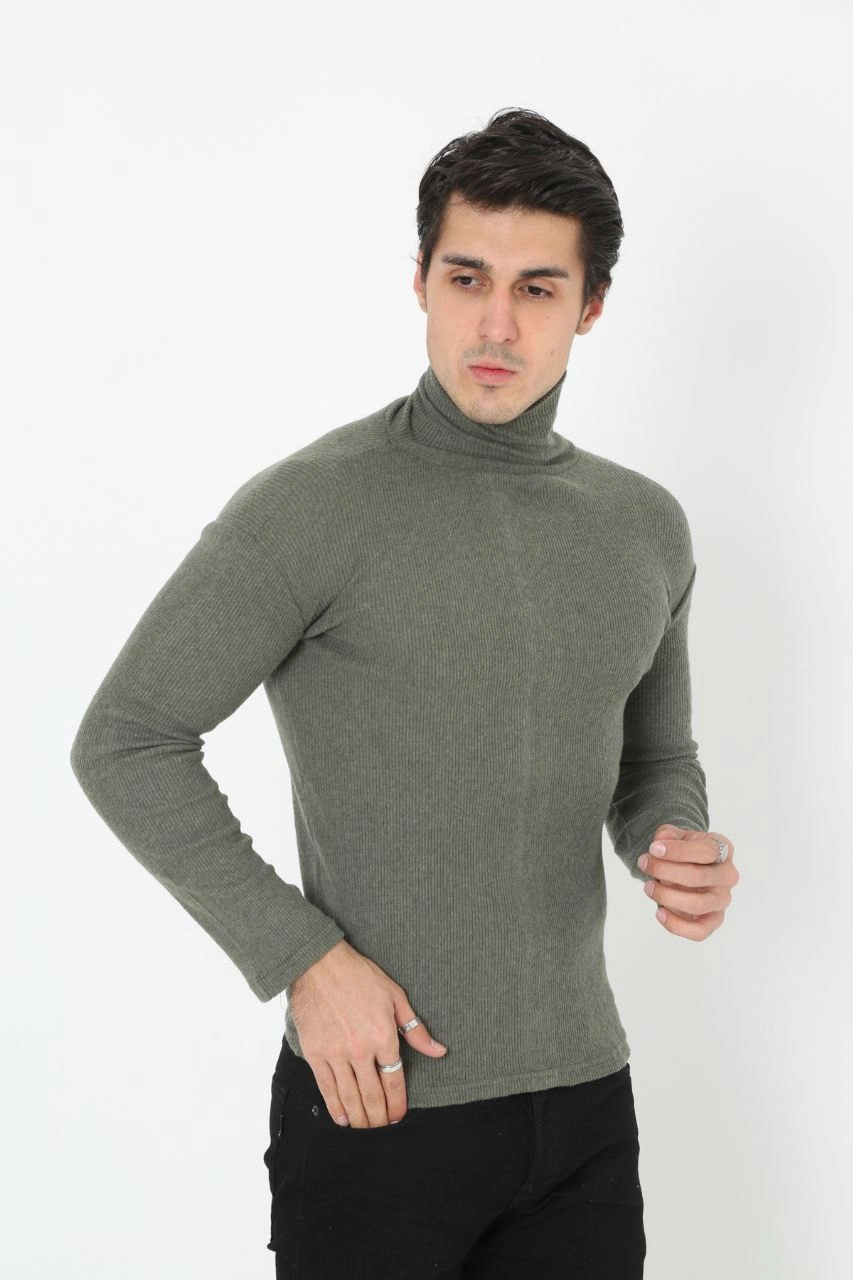 Erkek Fitilli Kaşkorse Kumaş Boğazlı Full Likralı Slimfit Body - Haki - Görsel 2