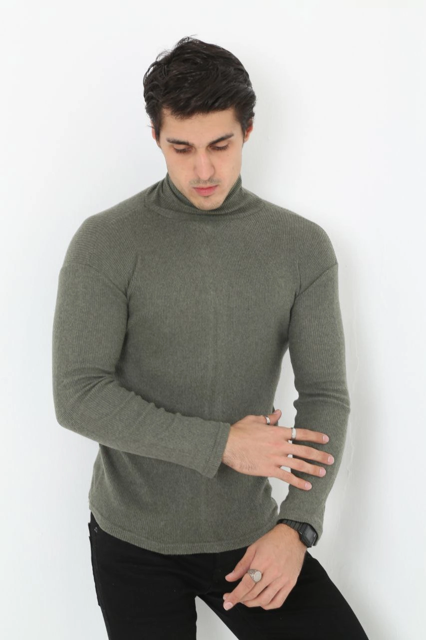 Erkek Fitilli Kaşkorse Kumaş Boğazlı Full Likralı Slimfit Body - Haki - Görsel 3