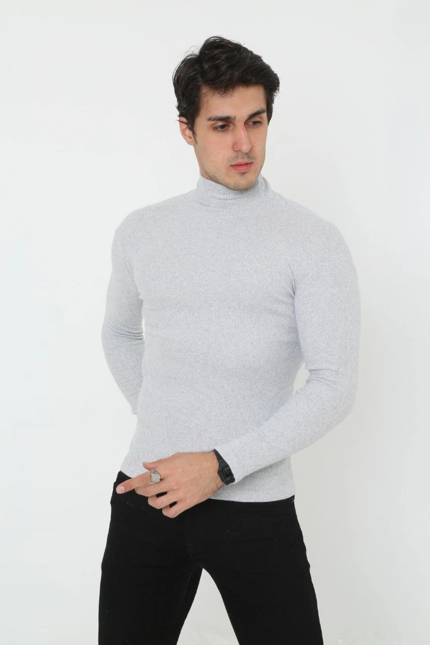Erkek Fitilli Kaşkorse Kumaş Boğazlı Full Likralı Slimfit Body - Gri - Görsel 4