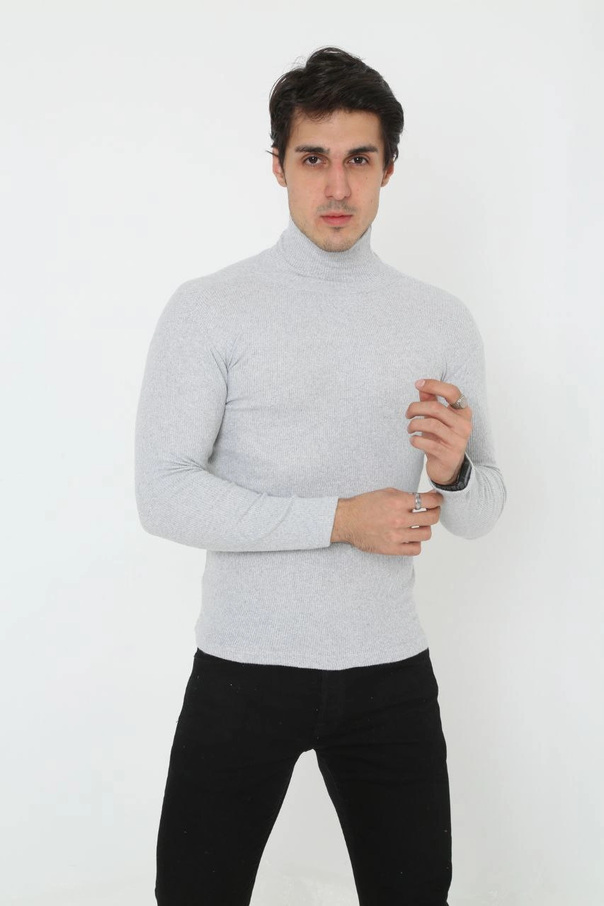 Erkek Fitilli Kaşkorse Kumaş Boğazlı Full Likralı Slimfit Body - Gri - Görsel 3