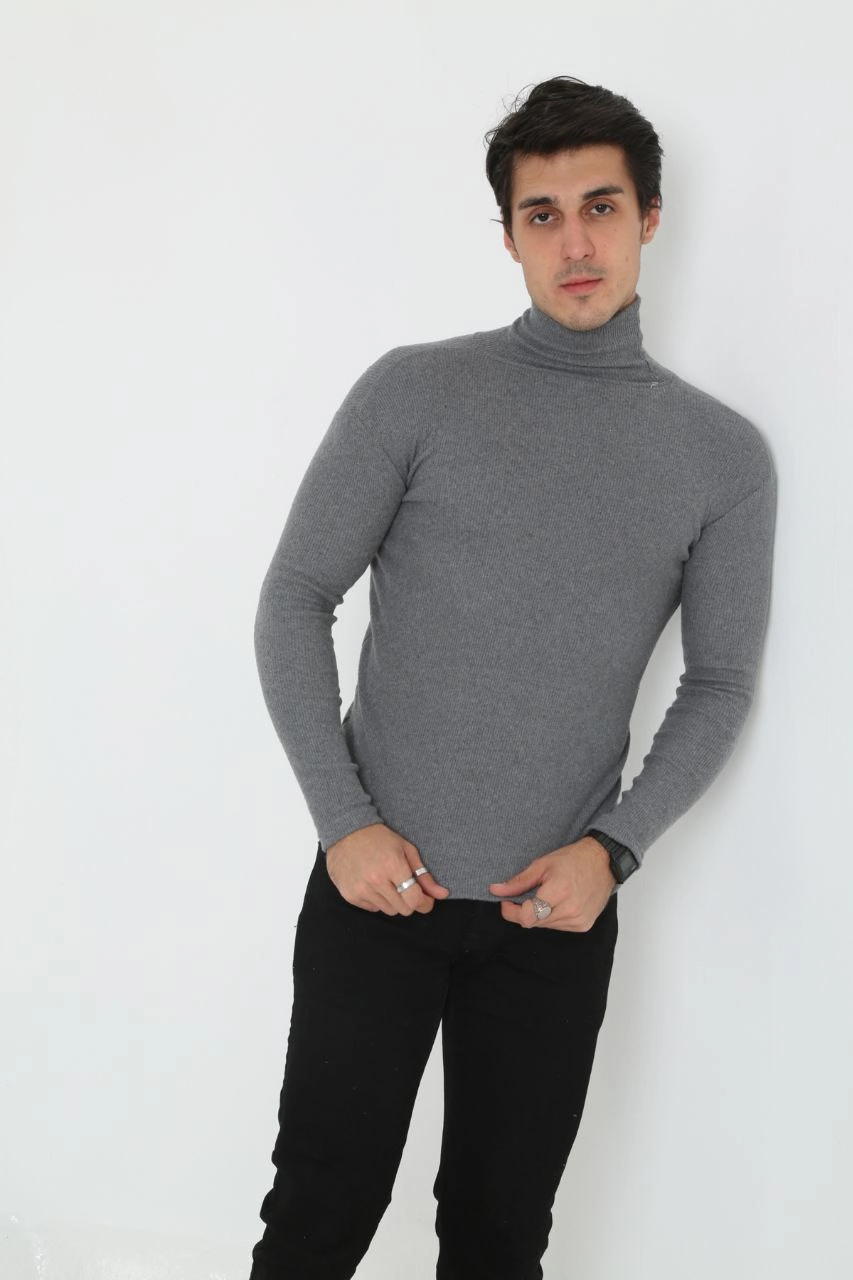 Erkek Fitilli Kaşkorse Kumaş Boğazlı Full Likralı Slimfit Body - Füme - Görsel 3