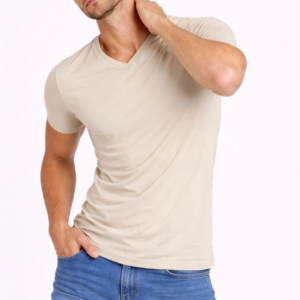 Erkek Body T-shirt V Yaka Slim Fit Likralı Kısa kol Tişört - Taş