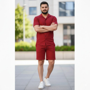 Erkek Waffle Kumaş Kısa Kol Gömlek Şort Takım Regular Yazlık İkili Set - Bordo