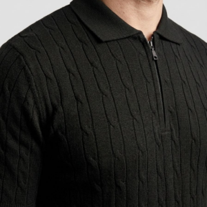 Erkek Yazlık Triko Saç Örgü Tişört Kısa Kol Polo Yaka Fermuarlı T-Shirt - Siyah