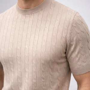 Erkek Yazlık Triko Dokuma Tişört Kısa Kol Bisiklet Yaka Örgü Desenli T-Shirt - Bej