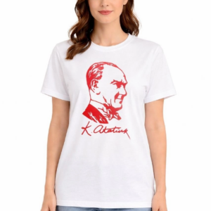 Kadın Atatürk Baskılı Tişört Kısa Kollu Bisiklet Yaka T-Shirt - Beyaz