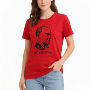 Kadın Atatürk Baskılı Tişört Kısa Kollu Bisiklet Yaka T-Shirt - Kırmızı