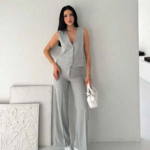 Kadın Çizgili Tansel Kumaş Yelek Pantolon İkili Takım Ofis Şık Modern - Gri