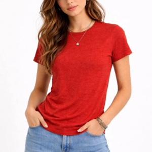Kadın Flam Kumaş Melanj Dokulu Regular Fit Tişört Bisiklet Yaka Yazlık T-Shirt - Kiremit