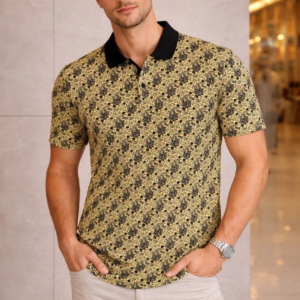 Erkek Pike Kumaş Polo Yaka Palmiye Desenli Tişört Kısa Kol Yazlık T-Shirt - Sarı