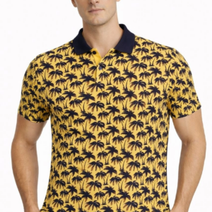 Erkek Pike Kumaş Polo Yaka Palmiye Desenli Tişört Kısa Kol Yazlık T-Shirt - Sarı