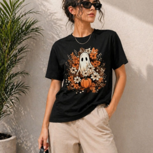 Kadın Balkabağı Hayalet Baskılı Tişört Kısa Kol Yazlık T-Shirt - Siyah