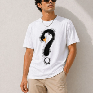 Erkek Kuğu Figürlü Soru İşareti Baskılı Tişört Kısa Kol T-Shirt - Beyaz