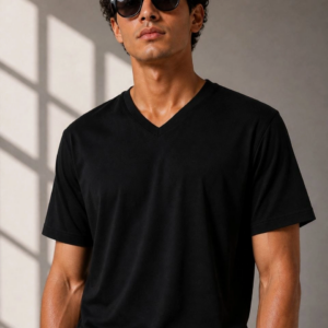 Erkek V Yaka Basic Tişört Kısa Kol Yazlık Regular Fit T-Shirt - Siyah