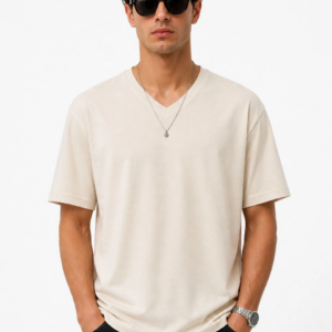 Erkek V Yaka Basic Tişört Kısa Kol Yazlık Regular Fit T-Shirt - Bej