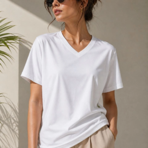 Kadın V Yaka Basic Tişört Kısa Kol Yazlık Regular Fit T-Shirt - Beyaz