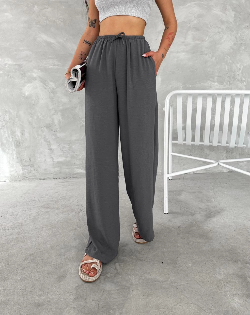 Kadın Ayrobin Oversize Kadın Pantolon - Füme - Görsel 4