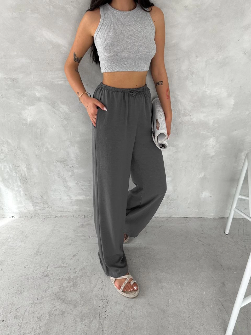 Kadın Ayrobin Oversize Kadın Pantolon - Füme - Görsel 3