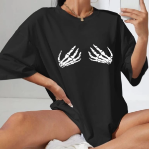 Kadın Baskılı T-Shirt Kısa Kol Bisiklet Yaka Oversize Rahat Kalıp Tişört - Siyah