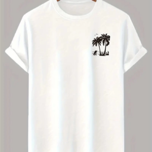 Erkek Kısa Kol Yazlık Tişört Bisiklet Yaka Palmiye Baskılı T-Shirt - Beyaz