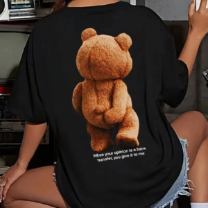 Kadın Tişört Büyük Boy Ayıcık Baskılı Bisiklet Kısa kol t-shirt - Siyah
