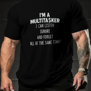 Erkek T-shirt Komik 'Multitasker' Baskılı Kısa kol Tişört - Siyah