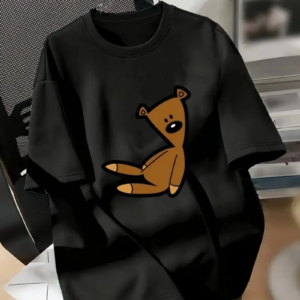 Kadın Tişört Ayı Baskılı Bisiklet Yaka Yazlık Kısa Kol T-shirt - Siyah