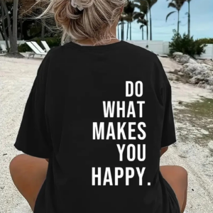Kadın Kısa Kol Yazlık Tişört Bisiklet Yaka Baskılı Oversize T-Shirt - Siyah