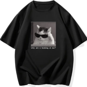 Erkek T-Shirt Komik Kedi Baskılı kısa kol Tişört - Siyah