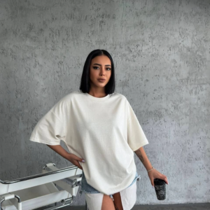 Kadın Düz T-Shirt Kısa Kol Bisiklet Yaka Oversize Rahat Kalıp Günlük Tişört - Beyaz