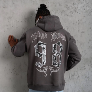 Erkek 3 İplik Pamuklu Kapüşonlu Baskılı Cepli Oversize Sweatshirt Hoodie - Gri