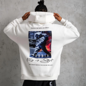 Erkek 3 İplik Pamuklu Kapüşonlu Baskılı Cepli Oversize Sweatshirt Hoodie - Beyaz