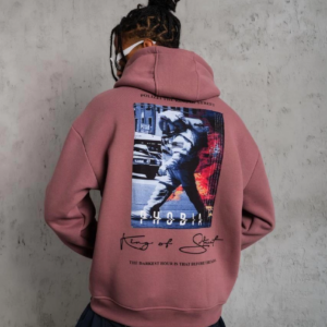 Erkek 3 İplik Pamuklu Kapüşonlu Baskılı Cepli Oversize Sweatshirt Hoodie - Gül Kurusu