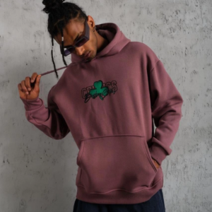 Erkek 3 İplik Pamuklu Kapüşonlu Baskılı Cepli Sweatshirt Hoodie - Gül Kurusu