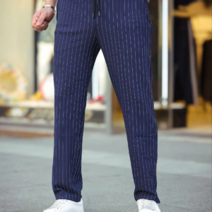 Erkek Cizgili Dokuma Krep Jogger Buggy Pantalon Rahat kalıp - Lacivert