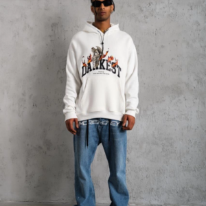 Erkek 3 İplik Pamuklu Kapüşonlu Baskılı Cepli Oversize Sweatshirt Hoodie - Beyaz