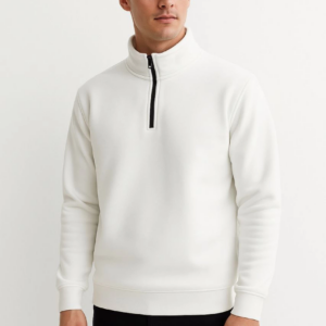 Erkek Dik Yaka Yarım Fermuarlı 3 İplik Pamuklu Sweatshirt - Beyaz