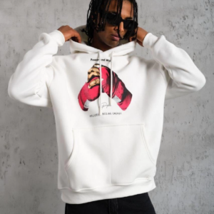 Erkek Kapüşonlu Cepli Boks Eldiven Baskılı 3 İplik Sweatshirt Hoodie - Beyaz